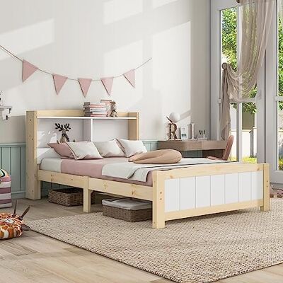 Merax Kinderbett 90x200cm, Massivholz Stauraum Einzelbett mit Ausstellungsstand, Jugendbett mit Lattenrost und Kopfteil, praktischer Bettgestell für Kinderzimmer, Natürlich und Weiß, Ohne Matratze Merax Kinderbett 90x200cm, Massivholz Stauraum Einzelbett mit Ausstellungsstand, Jugendbett mit Lattenrost und Kopfteil, praktischer Bettgestell für Kinderzimmer, Natürlich und Weiß, Ohne Matratze