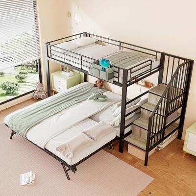 BTM Etagenbett 3 Personen 90 x 200 cm Kinderbett Ausziehbar Jugendbett mit Ausziehbett, Treppe mit Stauraum Schwarz, ohne Matratze BTM Etagenbett 3 Personen 90 x 200 cm Kinderbett Ausziehbar Jugendbett mit Ausziehbett, Treppe mit Stauraum Schwarz, ohne Matratze