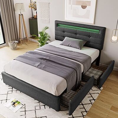 BTM Smartes LED-Bett mit 2 Schubladen Einzelbett 90x200cm, höhenverstellbares Kopfteil & Holzlattenrost Modernes Polsterbett in Schwarz/Grau (Matratze optional) BTM Smartes LED-Bett mit 2 Schubladen Einzelbett 90x200cm, höhenverstellbares Kopfteil & Holzlattenrost Modernes Polsterbett in Schwarz/Grau (Matratze optional)