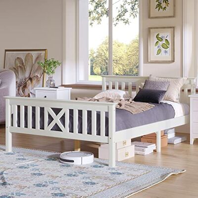 Merax Doppelbett Massivholz 140 x 200 cm, Holzbett mit Kopfteil und Lattenrost, Landhausstil Bettgestell, Kinderbett Jugendbett, Kiefer Massiv, Nur Bettgestel, Weiß Merax Doppelbett Massivholz 140 x 200 cm, Holzbett mit Kopfteil und Lattenrost, Landhausstil Bettgestell, Kinderbett Jugendbett, Kiefer Massiv, Nur Bettgestel, Weiß