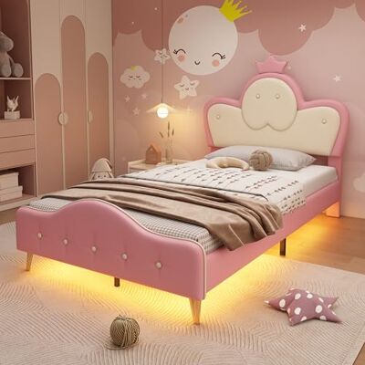 Merax Kinderbett Polsterbett 90x200cm mit LED-Streifen, Mädchen Einzelbett, Kopfteil in Wellenform mit Krone, Bettgestell mit Lattenrost und Fußteil, Jugendbett, PU, ohne Matratze, Rosa & Weiß Merax Kinderbett Polsterbett 90x200cm mit LED-Streifen, Mädchen Einzelbett, Kopfteil in Wellenform mit Krone, Bettgestell mit Lattenrost und Fußteil, Jugendbett, PU, ohne Matratze, Rosa & Weiß