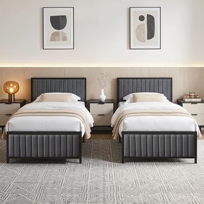 VECELO 2er-Set Polsterbett 90x200 cm, Bettgestell mit gepolstertem Kopfteil und Metall-Lattenrost, 32 cm Stauraum unter dem Bett, kein Boxspring nötig, stabil, für Erwachsene und Jugendliche, Grau VECELO 2er-Set Polsterbett 90x200 cm, Bettgestell mit gepolstertem Kopfteil und Metall-Lattenrost, 32 cm Stauraum unter dem Bett, kein Boxspring nötig, stabil, für Erwachsene und Jugendliche, Grau