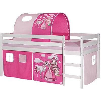 IDIMEX Hochbett Erik Kinderbett Spielbett Etagenbett Stockbett Holzbett, Vorhang und Tunnel mit Motiv Prinzessin rosa, Kiefer massiv weiß lackiert, 90 x 200 cm IDIMEX Hochbett Erik Kinderbett Spielbett Etagenbett Stockbett Holzbett, Vorhang und Tunnel mit Motiv Prinzessin rosa, Kiefer massiv weiß lackiert, 90 x 200 cm