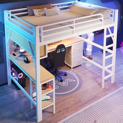 BTM Jugendbett 140x200cm Großes Metall Hochbett mit Schreibtisch, Bücherregal, Schrank, LED-Beleuchtung, Einzelbett mit Stauraum, Weiß BTM Jugendbett 140x200cm Großes Metall Hochbett mit Schreibtisch, Bücherregal, Schrank, LED-Beleuchtung, Einzelbett mit Stauraum, Weiß