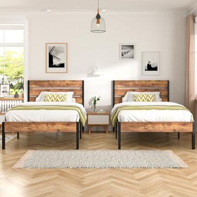 VECELO 2er-Set Bettgestelle 90x200 cm, Einzelbetten mit Holzkopfteil und Metall-Lattenrost, stabil und geräuschlos, mit 31 cm Stauraum, Industrial Design für Schlafzimmer, Braun VECELO 2er-Set Bettgestelle 90x200 cm, Einzelbetten mit Holzkopfteil und Metall-Lattenrost, stabil und geräuschlos, mit 31 cm Stauraum, Industrial Design für Schlafzimmer, Braun