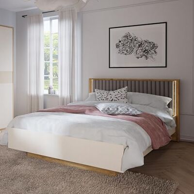 Forte Rankin Bett 160x200 cm, Bett mit Polsterkopfteil, inkl. Lattenrost, Holzwerkstoff, Mauvella Eiche Holzdekor/Kaschmir Beige, 176,6 cm breit x 103,7 cm hoch x 214 cm tief Forte Rankin Bett 160x200 cm, Bett mit Polsterkopfteil, inkl. Lattenrost, Holzwerkstoff, Mauvella Eiche Holzdekor/Kaschmir Beige, 176,6 cm breit x 103,7 cm hoch x 214 cm tief