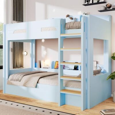 BTM Etagenbett 90 x 200cm Jugendbett mit Stauraum und USB, Stockbett für 2 Kinder mit Rausfallschutz Hellblau, ohne Matratze BTM Etagenbett 90 x 200cm Jugendbett mit Stauraum und USB, Stockbett für 2 Kinder mit Rausfallschutz Hellblau, ohne Matratze