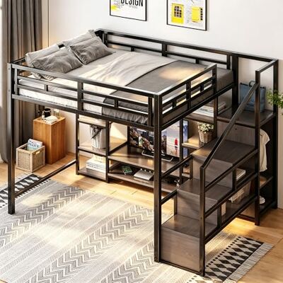 Merax Hochbett 140x200 cm mit TV-Ständer, Steckdose & Sicherheitsleiter, stabile Metall-Holz-Kombination, platzsparendes Etagenbett mit Stauraum, schwarz (ohne Matratze) Merax Hochbett 140x200 cm mit TV-Ständer, Steckdose & Sicherheitsleiter, stabile Metall-Holz-Kombination, platzsparendes Etagenbett mit Stauraum, schwarz (ohne Matratze)