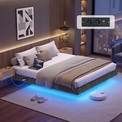 VASAGLE Bettgestell 160 x 200 cm, schwebender Effekt, LED-Beleuchtung, gepolsterte Seitenwände, 2 AC-Steckdosen, 2 USB-A-Anschlüsse, 1 USB-C-Anschluss, bis 500 kg belastbar, schiefergrau RMB165G101 VASAGLE Bettgestell 160 x 200 cm, schwebender Effekt, LED-Beleuchtung, gepolsterte Seitenwände, 2 AC-Steckdosen, 2 USB-A-Anschlüsse, 1 USB-C-Anschluss, bis 500 kg belastbar, schiefergrau RMB165G101