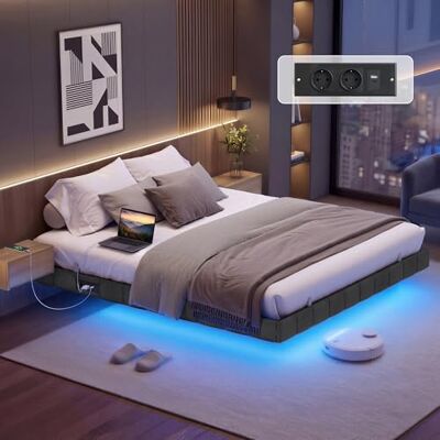 VASAGLE Bettgestell 180 x 200 cm, schwebender Effekt, LED-Beleuchtung, gepolsterte Seitenwände, 2 AC-Steckdosen, 2 USB-A-Anschlüsse, 1 USB-C-Anschluss, bis 500 kg belastbar, schiefergrau RMB168G101 VASAGLE Bettgestell 180 x 200 cm, schwebender Effekt, LED-Beleuchtung, gepolsterte Seitenwände, 2 AC-Steckdosen, 2 USB-A-Anschlüsse, 1 USB-C-Anschluss, bis 500 kg belastbar, schiefergrau RMB168G101