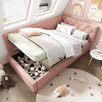 Merax Polsterbett Einzelbett Sofabett 90x200 cm, Kinderbett Schlafsofa Tagesbett mit Hydraulisch Stauraum, Multifunktional Daybett mit Lattenrost und Kopfteile, Jugendbett, Samt, Ohne Matratze, Rosa Merax Polsterbett Einzelbett Sofabett 90x200 cm, Kinderbett Schlafsofa Tagesbett mit Hydraulisch Stauraum, Multifunktional Daybett mit Lattenrost und Kopfteile, Jugendbett, Samt, Ohne Matratze, Rosa