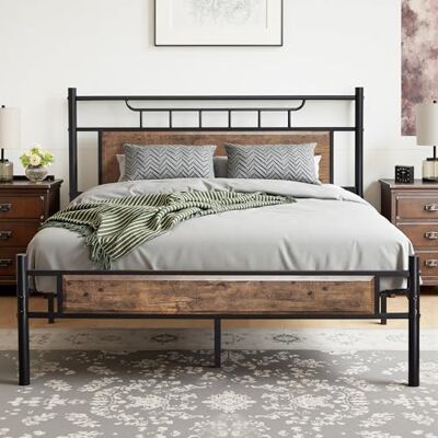 VECELO Retro Massivholz Bettgestell 140x200 cm, Doppelbett mit Dickem Kopfteil & Lattenrost, Stabiler Rahmen ohne Boxspring erforderlich, Komplett-Set für Schlafzimmer und Gästezimmer in Braun VECELO Retro Massivholz Bettgestell 140x200 cm, Doppelbett mit Dickem Kopfteil & Lattenrost, Stabiler Rahmen ohne Boxspring erforderlich, Komplett-Set für Schlafzimmer und Gästezimmer in Braun