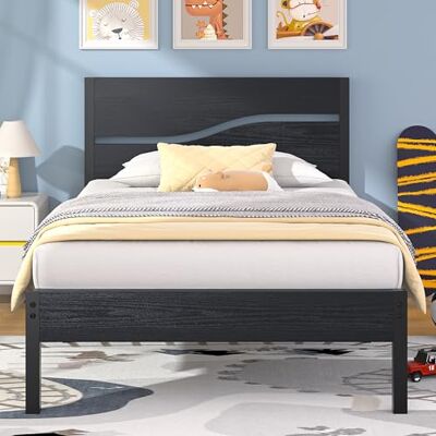 VECELO Bettgestell 90 x 200 cm mit Holzkopfteil und Metallrahmen, Schwarz Einzelbett mit Lattenrost, 31 cm Stauraum unter dem Bett, modernes Design für Jugend- und Schlafzimmer, einfache Montage VECELO Bettgestell 90 x 200 cm mit Holzkopfteil und Metallrahmen, Schwarz Einzelbett mit Lattenrost, 31 cm Stauraum unter dem Bett, modernes Design für Jugend- und Schlafzimmer, einfache Montage