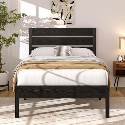 VECELO Einzelbett Bettgestell 90 x 200 cm, Metallbett mit Dick Holzkopfteil und Lattenrost, 31 cm Stauraum unter dem Bett, perfekt für Schlafzimmer, Schwarz VECELO Einzelbett Bettgestell 90 x 200 cm, Metallbett mit Dick Holzkopfteil und Lattenrost, 31 cm Stauraum unter dem Bett, perfekt für Schlafzimmer, Schwarz