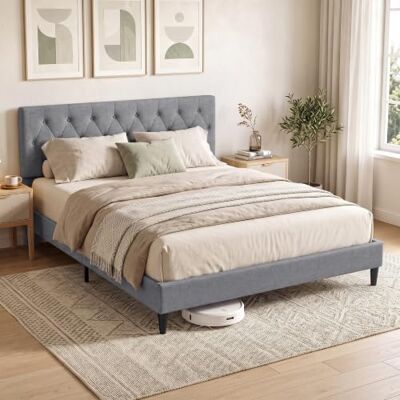 HOMCOM Doppelbett-Bettgestell mit Leinenbezug, Grau Gestepptes, gepolstertes Kopfteil, Schaumstofffüllung, 10 Latten, Stahlbeine, kein Boxspring erforderlich HOMCOM Doppelbett-Bettgestell mit Leinenbezug, Grau Gestepptes, gepolstertes Kopfteil, Schaumstofffüllung, 10 Latten, Stahlbeine, kein Boxspring erforderlich