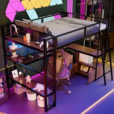 BTM Jugendbett 140 x 200 cm Metall Hochbett mit Schreibtisch, LED-Beleuchtung, Hochbett mit Treppe, Einzelbett mit Stauraum, Schwarz BTM Jugendbett 140 x 200 cm Metall Hochbett mit Schreibtisch, LED-Beleuchtung, Hochbett mit Treppe, Einzelbett mit Stauraum, Schwarz