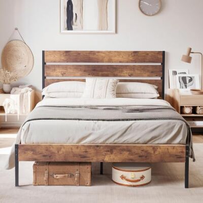 VECELO Bettgestell 140x200 cm aus Metall mit Lattenrost, stabiles Doppelbett mit Holzkopfteil, 320 kg Tragkraft, 31 cm Stauraum, einfache Montage, Industrial Style, Braun VECELO Bettgestell 140x200 cm aus Metall mit Lattenrost, stabiles Doppelbett mit Holzkopfteil, 320 kg Tragkraft, 31 cm Stauraum, einfache Montage, Industrial Style, Braun