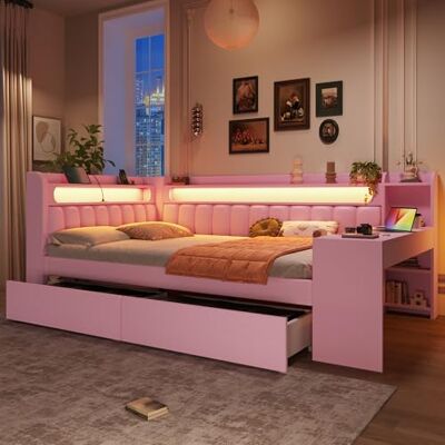 BTM Jugendbett 140x200 mit Schreibtisch Gepolstertes Tagesbett mit Schubladen USB und LED-Gürtel, Kinder Stauraumbett, Daybed Rosa BTM Jugendbett 140x200 mit Schreibtisch Gepolstertes Tagesbett mit Schubladen USB und LED-Gürtel, Kinder Stauraumbett, Daybed Rosa