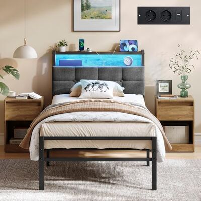 VASAGLE Metallbett 90 x 200 cm, mit Kopfteil, Stauraum und LED Bettgestell mit Steckdosen, 218,3 x 90,5 x 104,5 cm, für Schlafzimmer, Mattschwarz, CONNER Kollektion RMB122G101 VASAGLE Metallbett 90 x 200 cm, mit Kopfteil, Stauraum und LED Bettgestell mit Steckdosen, 218,3 x 90,5 x 104,5 cm, für Schlafzimmer, Mattschwarz, CONNER Kollektion RMB122G101