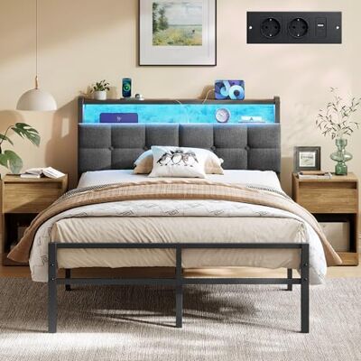 VASAGLE Bettgestell 120 x 200 cm, Bett mit LED-Beleuchtung, Steckdosenleiste, aus Metall, Bettrahmen mit gepolstertem Kopfteil und Stauraum, tintenschwarz-vintagebraun RMB120G101 VASAGLE Bettgestell 120 x 200 cm, Bett mit LED-Beleuchtung, Steckdosenleiste, aus Metall, Bettrahmen mit gepolstertem Kopfteil und Stauraum, tintenschwarz-vintagebraun RMB120G101