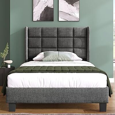 BTM Design-Einzelbett 90x200cm in Grauleinen Mit mittelfestem Kopfteil & Holzlattenrost Grau (Ohne Matratze) BTM Design-Einzelbett 90x200cm in Grauleinen Mit mittelfestem Kopfteil & Holzlattenrost Grau (Ohne Matratze)