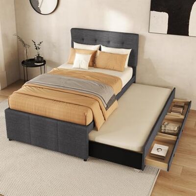 Merax Polsterbett 90 x 200 cm mit 3 Schubladen, Einzelbett Bettgestell mit ausziehbares Bett, Familienbett mit Lattenrost und Höhenverstellbarem Kopfteil, Leinenmaterial, ohne Matratze, Grau Merax Polsterbett 90 x 200 cm mit 3 Schubladen, Einzelbett Bettgestell mit ausziehbares Bett, Familienbett mit Lattenrost und Höhenverstellbarem Kopfteil, Leinenmaterial, ohne Matratze, Grau