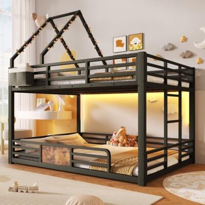 BTM Etagenbett 140x200 mit Hausbett-Design, LED & Rausfallschutz Schwarz BTM Etagenbett 140x200 mit Hausbett-Design, LED & Rausfallschutz Schwarz