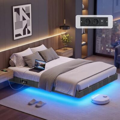 VASAGLE Bettgestell 140 x 200 cm, schwebender Effekt, LED-Beleuchtung, gepolsterte Seitenwände, 2 AC-Steckdosen, 2 USB-A-Anschlüsse, 1 USB-C-Anschluss, bis 500 kg belastbar, schiefergrau RMB164G101 VASAGLE Bettgestell 140 x 200 cm, schwebender Effekt, LED-Beleuchtung, gepolsterte Seitenwände, 2 AC-Steckdosen, 2 USB-A-Anschlüsse, 1 USB-C-Anschluss, bis 500 kg belastbar, schiefergrau RMB164G101