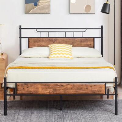 VECELO Bett Retro 140x200 cm Metallbett mit Lattenrost, Bettgestell Doppelbett mit Dick Holzkopfteil, Gästebett Jugendbett perfekt für Schlafzimmer Gästezimmer, Braun VECELO Bett Retro 140x200 cm Metallbett mit Lattenrost, Bettgestell Doppelbett mit Dick Holzkopfteil, Gästebett Jugendbett perfekt für Schlafzimmer Gästezimmer, Braun