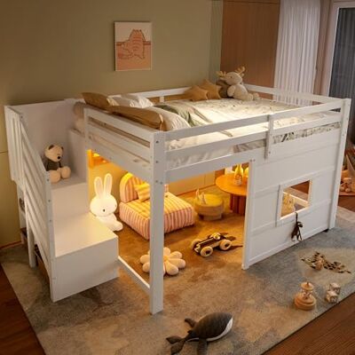 BTM Hochbett 140x200 mit Treppe Großes Holz Hochbett, Kinderhochbett mit Rausfallschutz, Stauraumtreppe, LED-Beleuchtung, Weiß BTM Hochbett 140x200 mit Treppe Großes Holz Hochbett, Kinderhochbett mit Rausfallschutz, Stauraumtreppe, LED-Beleuchtung, Weiß