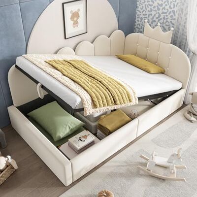 BTM L-Form Tagesbett Schlafsofa aus Samt Beige 90x200 cm, Polsterbett Gästebett mit hydraulischem Stauraum, liebliches Krone-Gitter Design für Kinderzimmer, Matratze Nicht enthalten BTM L-Form Tagesbett Schlafsofa aus Samt Beige 90x200 cm, Polsterbett Gästebett mit hydraulischem Stauraum, liebliches Krone-Gitter Design für Kinderzimmer, Matratze Nicht enthalten