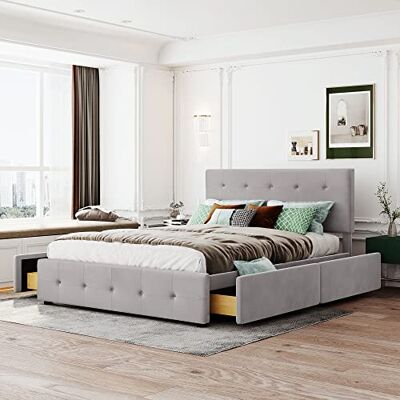 BTM Samt-Polsterbett 140×200 cm mit 4 Schubladen & Lattenrost – graues Doppelbett mit Rückenlehne, geräuscharmem Stahlrahmen, für Erwachsene/Jugendliche, ohne Matratze BTM Samt-Polsterbett 140×200 cm mit 4 Schubladen & Lattenrost – graues Doppelbett mit Rückenlehne, geräuscharmem Stahlrahmen, für Erwachsene/Jugendliche, ohne Matratze