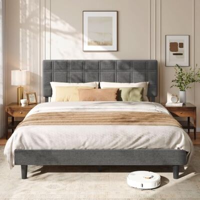 VASAGLE Bettgestell 160 x 200 cm, Polsterbett mit Kopfteil Metallbett 160 x 200 cm, Holzlatten, Geräuschlos, Schlafzimmer, Schiefergrau, MAZEY Kollektion RMB185G101 VASAGLE Bettgestell 160 x 200 cm, Polsterbett mit Kopfteil Metallbett 160 x 200 cm, Holzlatten, Geräuschlos, Schlafzimmer, Schiefergrau, MAZEY Kollektion RMB185G101