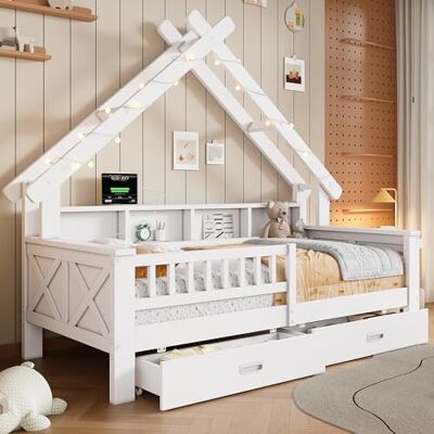 BTM Holz Hausbett 90 x 200 cm mit LED-Beleuchtung, Ablagefächern, Schubladen Kinderbett mit Rausfallschutz Weiß (ohne Matratze) BTM Holz Hausbett 90 x 200 cm mit LED-Beleuchtung, Ablagefächern, Schubladen Kinderbett mit Rausfallschutz Weiß (ohne Matratze)