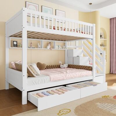 Merax Etagenbett Kinderbett 90x200 cm, Hochbett mit Schublade, Kleiderschrank, Ablageleiter und Regal Bettgestell mit Lattenrost (ohne Matratze), aus Kiefernholz, Weiß Merax Etagenbett Kinderbett 90x200 cm, Hochbett mit Schublade, Kleiderschrank, Ablageleiter und Regal Bettgestell mit Lattenrost (ohne Matratze), aus Kiefernholz, Weiß