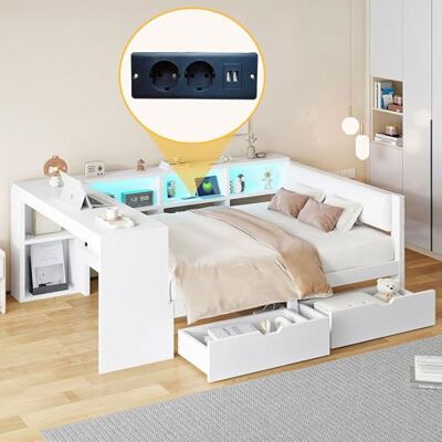 BTM Jugendbett 140x200 mit Schreibtisch und LED-Gürtel, Tagesbett mit Schubladen Kinder Stauraumbett Daybed Weiß BTM Jugendbett 140x200 mit Schreibtisch und LED-Gürtel, Tagesbett mit Schubladen Kinder Stauraumbett Daybed Weiß