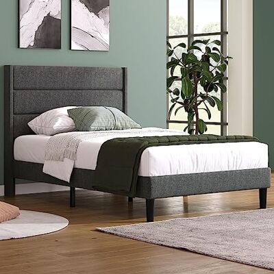 Merax Polsterbett 90X200cm, Bettgestell mit Lattenrost & Kopfteil, gepolstertes Einzelbett, Textilbezug Leinen in Dunkelgrau, Zeitloses modernes Design, Jugendbett Merax Polsterbett 90X200cm, Bettgestell mit Lattenrost & Kopfteil, gepolstertes Einzelbett, Textilbezug Leinen in Dunkelgrau, Zeitloses modernes Design, Jugendbett