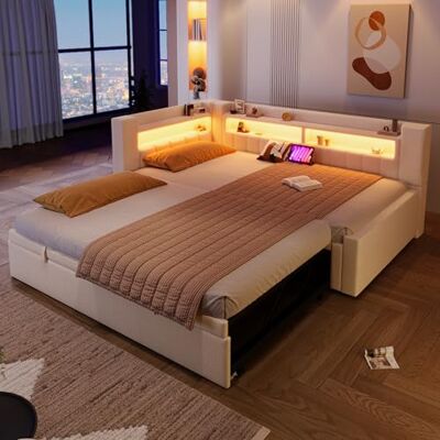 BTM Tagesbett mit Schlafsofa Ausziehbar Bett zum Doppelbett Polsterbett mit LED, USB, Typ-C (ohne Matratze), Leinen, Beige BTM Tagesbett mit Schlafsofa Ausziehbar Bett zum Doppelbett Polsterbett mit LED, USB, Typ-C (ohne Matratze), Leinen, Beige