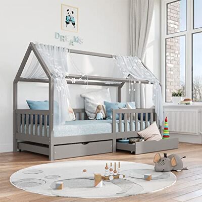 IDIMEX Hausbett NUNA aus massiver Kiefer, Montessori Bett in 90 x 200 cm mit Rausfallschutz, Spielbett mit Schubladen, modernes Kinderbett mit Dach in grau IDIMEX Hausbett NUNA aus massiver Kiefer, Montessori Bett in 90 x 200 cm mit Rausfallschutz, Spielbett mit Schubladen, modernes Kinderbett mit Dach in grau