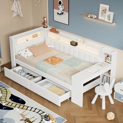 BTM Jugendbett 90x200 mit Schreibtisch Gepolstertes Tagesbett mit Schubladen USB und LED-Gürtel, Kinder Stauraumbett, Daybed Weiß BTM Jugendbett 90x200 mit Schreibtisch Gepolstertes Tagesbett mit Schubladen USB und LED-Gürtel, Kinder Stauraumbett, Daybed Weiß