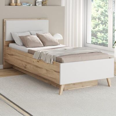 Forte VANKKA Bettgestell, Liegefläche: 90 x 200 cm, modernes Bett mit Polsterkopfteil, Einzelbett, Schlafzimmer, Holzwerkstoff, Planked Eiche Holzdekor, 97,4 cm breit x 94,2 cm hoch x 206,5 cm tief Forte VANKKA Bettgestell, Liegefläche: 90 x 200 cm, modernes Bett mit Polsterkopfteil, Einzelbett, Schlafzimmer, Holzwerkstoff, Planked Eiche Holzdekor, 97,4 cm breit x 94,2 cm hoch x 206,5 cm tief