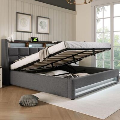 Merax Polsterbett 160x200cm, Doppelbett mit Bettkasten und Lattenrost, Stauraum Kopfteil mit LED & USB Ladefunktion, Hydraulisch Stauraumbett Funktionsbetten, Leinen, Jugendbett, ohne Matratze, Grau Merax Polsterbett 160x200cm, Doppelbett mit Bettkasten und Lattenrost, Stauraum Kopfteil mit LED & USB Ladefunktion, Hydraulisch Stauraumbett Funktionsbetten, Leinen, Jugendbett, ohne Matratze, Grau
