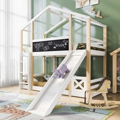 Merax Hochbett für Kinder, Kinderbett Etagenbett 90x200 cm mit Leiter und Rutsche, Hausbett mit Rausfallschutz und Lattenrost, Spielbett mit Zwei Liegeflächen und Graffiti-Tafel, Natur & Weiß Merax Hochbett für Kinder, Kinderbett Etagenbett 90x200 cm mit Leiter und Rutsche, Hausbett mit Rausfallschutz und Lattenrost, Spielbett mit Zwei Liegeflächen und Graffiti-Tafel, Natur & Weiß