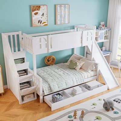 Merax Etagenbett 90x200cm, Kinderbett Hochbett mit Stauraumtreppe & Rutsche, Platzsparendes Stockbett mit Große Schublade & 2 Lattenrost & Rausfallschutz, Praktisches Jugendbett, Ohne Matratze, Weiß Merax Etagenbett 90x200cm, Kinderbett Hochbett mit Stauraumtreppe & Rutsche, Platzsparendes Stockbett mit Große Schublade & 2 Lattenrost & Rausfallschutz, Praktisches Jugendbett, Ohne Matratze, Weiß