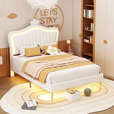 BTM Kinderbett Polsterbet 90 x 200 cm, Bettgestell für Mädchen, weißes Kronen-Doppelbettgestell aus PU-Leder mit LED-Leuchten, Lattenrost und Rückenlehne(Matratze Nicht enthaltet) BTM Kinderbett Polsterbet 90 x 200 cm, Bettgestell für Mädchen, weißes Kronen-Doppelbettgestell aus PU-Leder mit LED-Leuchten, Lattenrost und Rückenlehne(Matratze Nicht enthaltet)