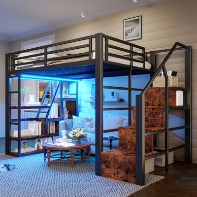 Merax Hochbett 140x200 cm, Metallbett mit Treppe und Rausfallschutz, Funktionsbett Kinderhochbett mit LED, Ablagefach, offener Stauraum unter dem Bett, Jugendbett Bettgestell (ohne Matratze), Schwarz Merax Hochbett 140x200 cm, Metallbett mit Treppe und Rausfallschutz, Funktionsbett Kinderhochbett mit LED, Ablagefach, offener Stauraum unter dem Bett, Jugendbett Bettgestell (ohne Matratze), Schwarz