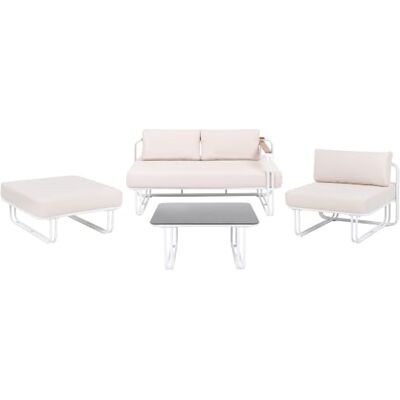 Beliani Lounge Set 4-teilig Metall weiß mit Auflagen Hellbeige 2-Sitzer Sofa Sessel Ottomane & Tisch Camerota Beliani Lounge Set 4-teilig Metall weiß mit Auflagen Hellbeige 2-Sitzer Sofa Sessel Ottomane & Tisch Camerota