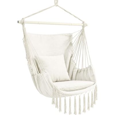 Sekey Hängesessel mit 2 Kissen & Seitentasche Boho Hängestuhl bis 120 kg Robuste Metallstange & Anti-Rutsch-Ringe Atmungsaktive Hängeschaukel für Indoor, Balkon & Garten, Beige Sekey Hängesessel mit 2 Kissen & Seitentasche Boho Hängestuhl bis 120 kg Robuste Metallstange & Anti-Rutsch-Ringe Atmungsaktive Hängeschaukel für Indoor, Balkon & Garten, Beige