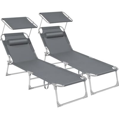 SONGMICS Sonnenliege, 2er Set, klappbarer Liegestuhl, 193 x 53 x 29 cm, bis 150 kg belastbar, Sonnenschutz, Kopfstütze, verstellbare Rückenlehne, für Garten, Pool, Terrasse, dunkelgrau GCB19UV1-2 SONGMICS Sonnenliege, 2er Set, klappbarer Liegestuhl, 193 x 53 x 29 cm, bis 150 kg belastbar, Sonnenschutz, Kopfstütze, verstellbare Rückenlehne, für Garten, Pool, Terrasse, dunkelgrau GCB19UV1-2