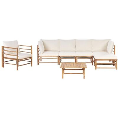 Beliani Lounge Set 4-teilig Bambusholz Hellbraun mit 13 Kissen weiß 6-Sitzer Cerreto Beliani Lounge Set 4-teilig Bambusholz Hellbraun mit 13 Kissen weiß 6-Sitzer Cerreto
